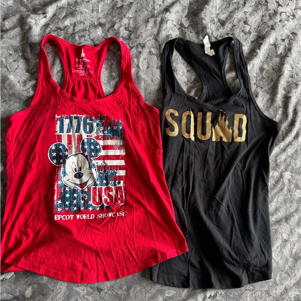 Disney Red and Black Tank Tops with Mickey and Gold Lettering